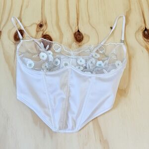 Dreamgirl White Sheer Mesh Floral Embroidered Corset Top Bustier Bralette Medium